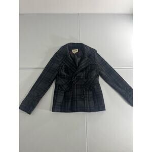 Grane women’s pea coat charcoal gray plaid pattern size small